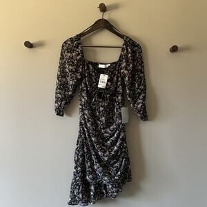 ASTR RUCHED SWEETHEART 3/4 SLEEVE ASYMMETRICAL BLACK PURPLE DITSY DRESS SM